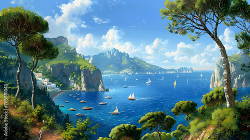 panoramic view of the sea with boats and Capri in the background, lush green pine trees on both sides of the water body, blue sky with a few clouds, the sea is azure photo