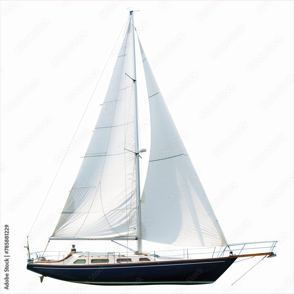 Elegant sailing yacht with fully deployed sails isolated on a white background, evoking freedom and luxury.