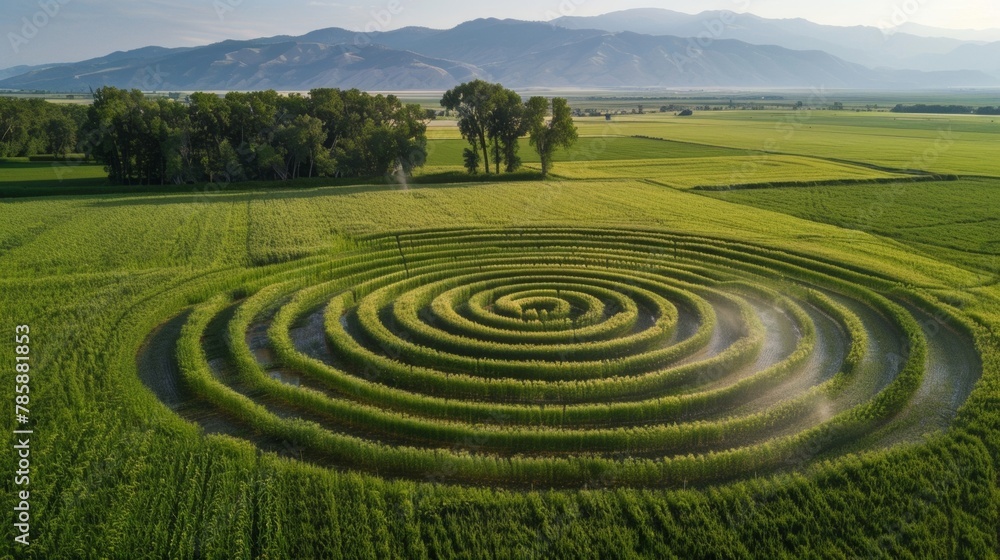 An aerial shot of a center pivot irrigation system in action creating a sweeping circular pattern of wetness in a biofuel crop field. Trees line the edges of the field and mountains . An aerial shot of a center pivot irrigation system in action creating a sweeping circular pattern of wetness in a biofuel crop field. Trees line the edges of the field and mountains .