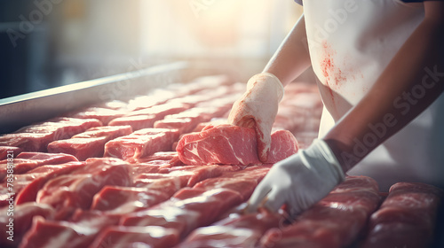 Food industry employee cuts raw pork up close for meat processing, refrigerated storage  photo