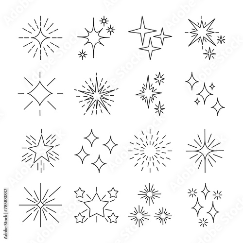 Line star glitter shine of doodle set. Sparkle, twinkle and starburst icons, vector bright spark symbols.
