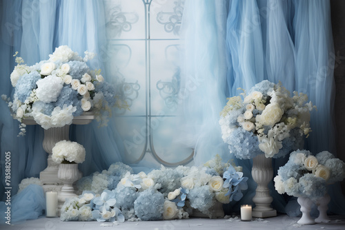 Maternity backdrop, wedding backdrop, photography background with delicate blue flowers © erika8213