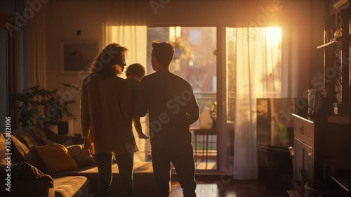 Parents look at their child, a cozy living room, sunlight coming through the window in the morning.