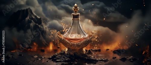 Artistic perfume bottle against a blurred, dramatic thunderstorm background,