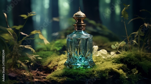 Artistic perfume bottle in a blurred, enchanted woodland setting, representing mystical scents, © FoxGrafy