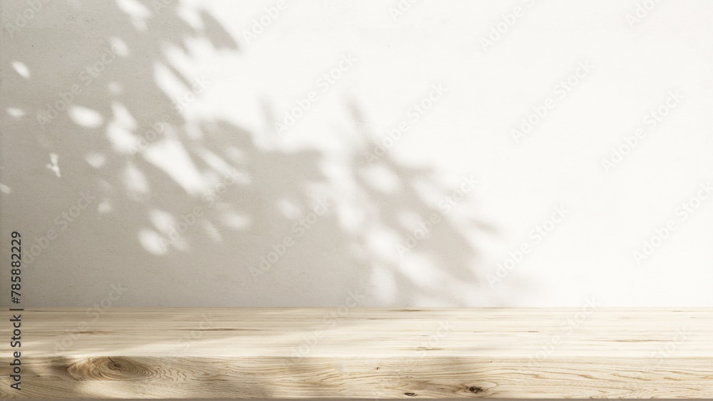 Minimal empty wooden countertop counter in sunlight, leaf foliage shadow on white wall for luxury organic cosmetic, skincare, body care, beauty treatment product background 3D Minimal empty wooden countertop counter in sunlight, leaf foliage shadow on white wall for luxury organic cosmetic, skincare, body care, beauty treatment product background 3D