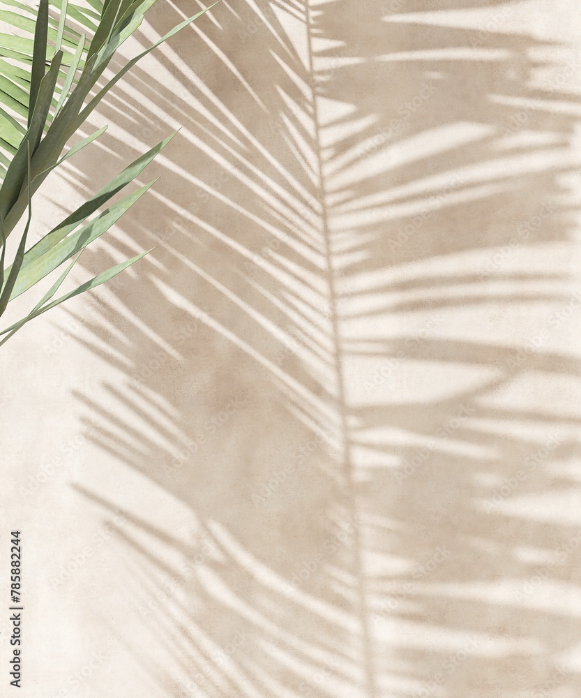 Obraz premium Palm tree plant in sunlight, leaf shadow on blank cream concrete wall for modern, luxury organic beauty, cosmetic, skincare, body care product background, exterior design decoration 3D