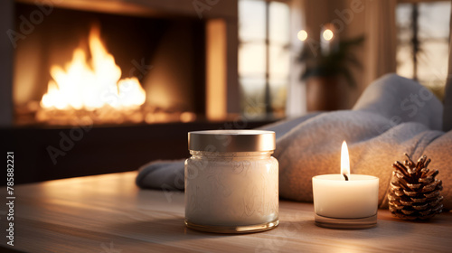 Detailed 3D rendering of skin calming lotions, blurred cozy fireplace setting,