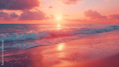 A panoramic view of a tropical beach at sunset, with vibrant hues of orange and pink reflecting off the calm ocean waves