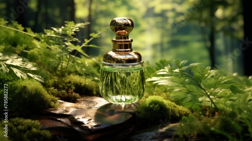 Detailed 3D visualization of natural skin nourishing oils, blurred green forest backdrop, © FoxGrafy