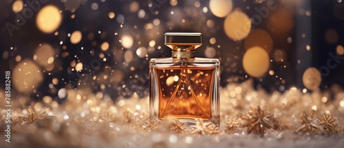 Elegant perfume bottle amidst a soft, blurred background of falling snowflakes,