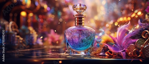 Elegant perfume bottle amidst a vibrant, blurred Rio carnival scene, photo