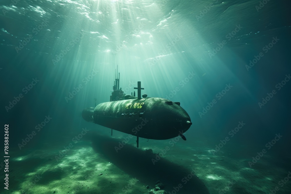 Underwater Photography: Submarine captured from underwater during a mission. Underwater Photography: Submarine captured from underwater during a mission.