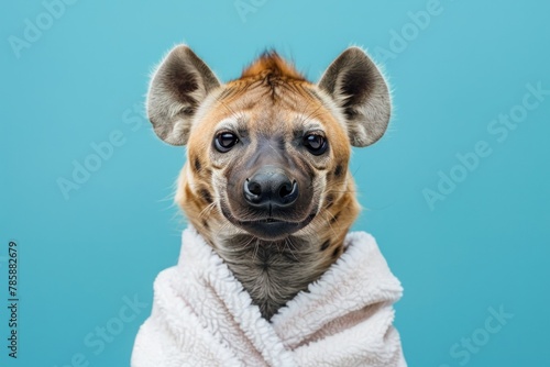 Portrait of a hyena wearing a white bathrobe, facing the camera against a blue backdrop.
