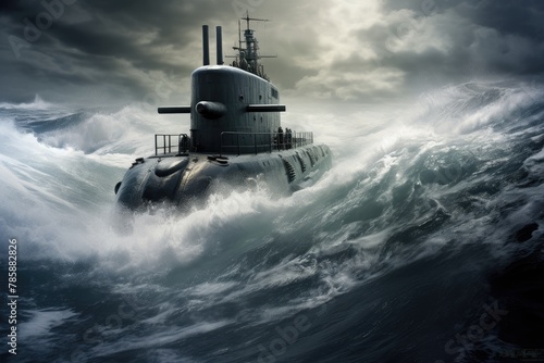 Submarine in Stormy Seas: Submarine navigating through rough seas.