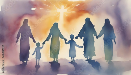 Watercolor painting of people holding hands with Jesus Christ.