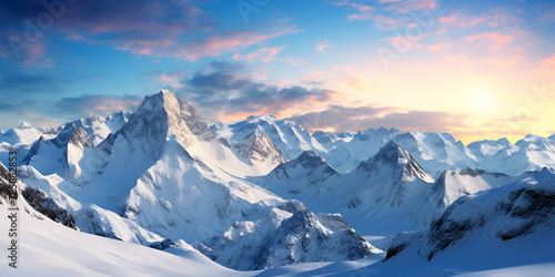 Mountains covered in snow and clouds with a blue sky Winter Landscape background 