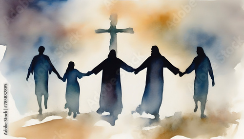 Watercolor painting of people holding hands with Jesus Christ.