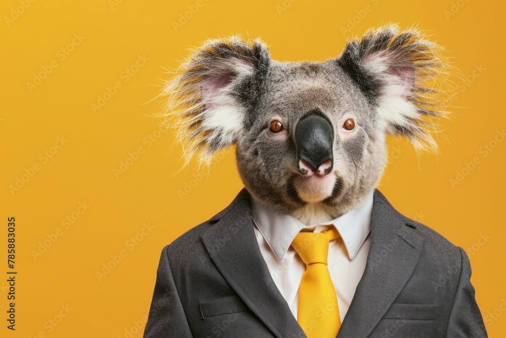 Koala head on a human body in a business suit on a yellow background. - obrazy, fototapety, plakaty 