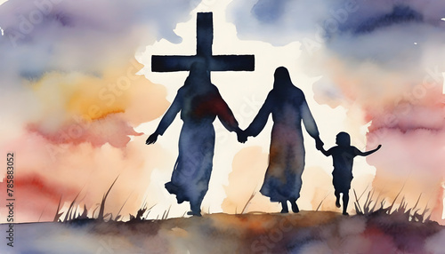 Watercolor painting of people holding hands with Jesus Christ.
