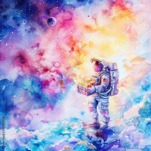 Astronaut on a spacewalk holding a briefcase full of gold bars, highrisk highreward investments © NatthyDesign
