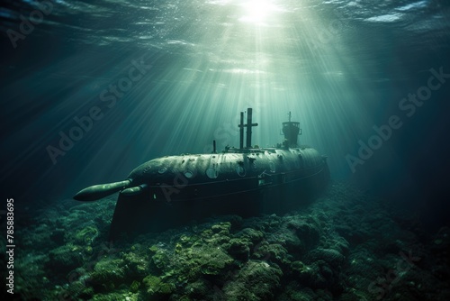 Submarine at Periscope Depth: Submarine partially surfaced with periscope visible. photo