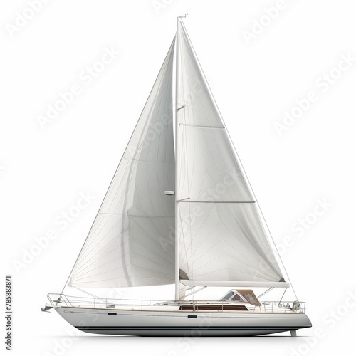 A sleek sailing yacht with fully deployed sails isolated on a white background, depicting luxury and adventure. © cherezoff