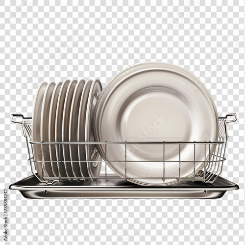 Clean dishes drying on metal dish rack, isolated on white photo