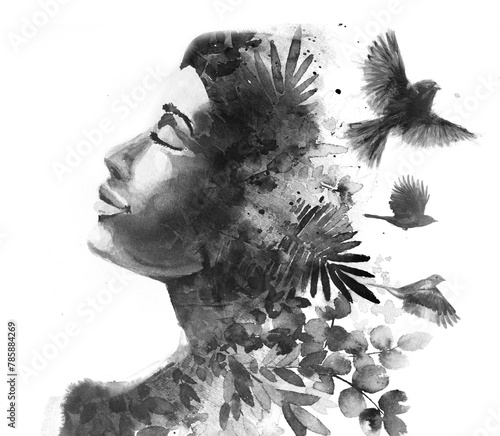 A black and white double exposure portrait of a woman's profile painting.