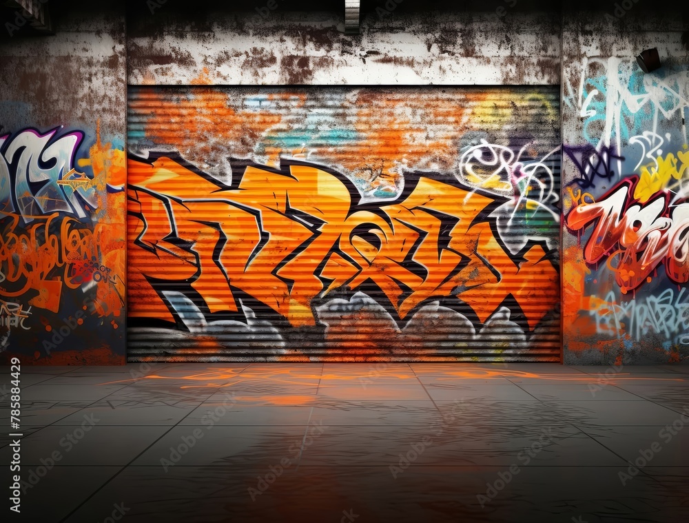 Fototapeta premium A cement wall which has plenty of colorful graffiti style art texts on the surface of the wall, displaying in an empty room with some bright light. Generative AI.