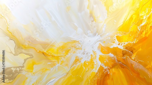 Dynamic abstract shapes in bright yellows and whites, representing the warmth of the sun reinvigorating the earth. 