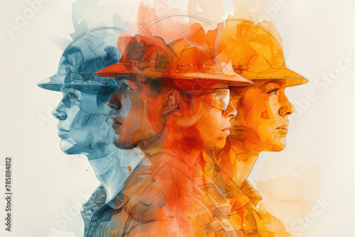 Yellow watercolor painting of diverse workers in different uniforms