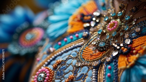 Close-up of carnival performers  costumes with intricate embroidery and beading