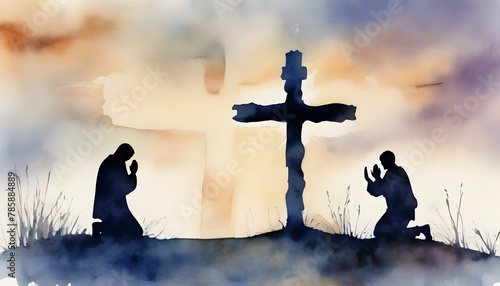 Watercolor painting of people praying in front of the cross.