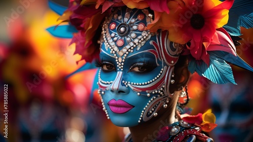 Close-up of carnival performers' costumes with vibrant colors and textures