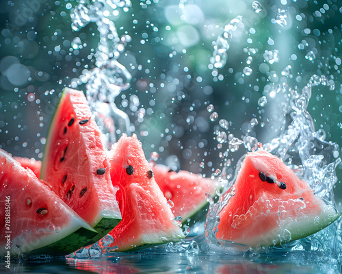 Food concept. Water droplet splashing falling on slice of fresh watermelon, close up	