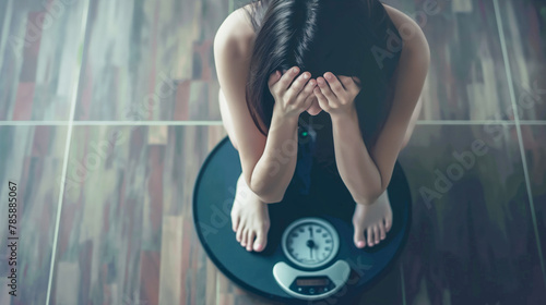 ダイエットの失敗:体重計に乗る女性.