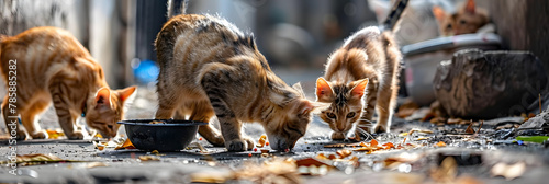 Stray Cats Feeding on a Sunlit Dirty Street. Concept Animal Rescue, Community Support, Stray Animals, Urban Environment, Compassion