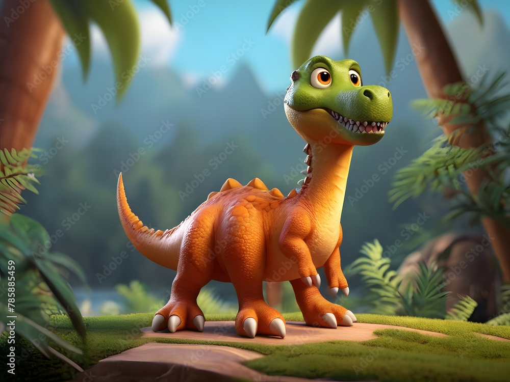 Naklejka premium Amazing Illustration Art Cartoon character dinosaur & cat 3d illustration for children. Cute fairytale dinosaur & cat print for clothes, stationery, books, merchandise. Toy Dinosaur 3D character banne
