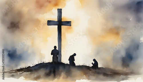 Watercolor painting of people praying in front of the cross.