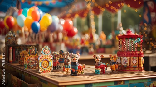 Close-up of carnival-themed games and prizes at a carnival booth © Ramzan