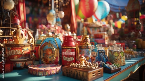 Close-up of carnival-themed games and prizes at a carnival booth © Ramzan