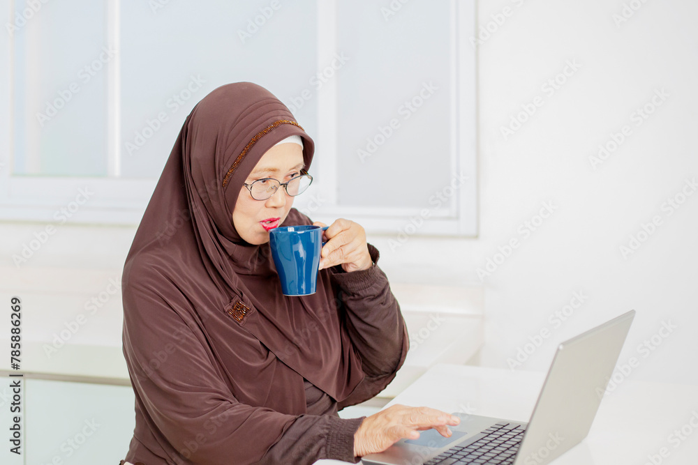 Elderly Asian woman drinking coffee or tea and working from laptop at her home Elderly Asian woman drinking coffee or tea and working from laptop at her home
