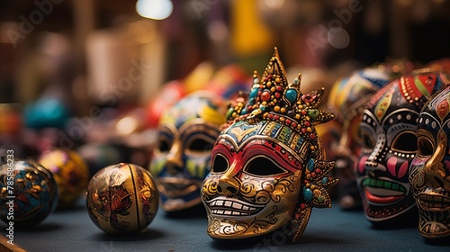 Close-up of carnival-themed ornaments and trinkets at a souvenir shop photo