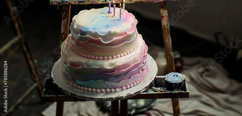 A birthday cake inspired by impressionist paintings, with a watercolor fondant effect in soft. 32k, full ultra hd, high resolution