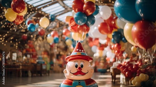 Close-up of carnival-themed balloons and decorations at a party venue