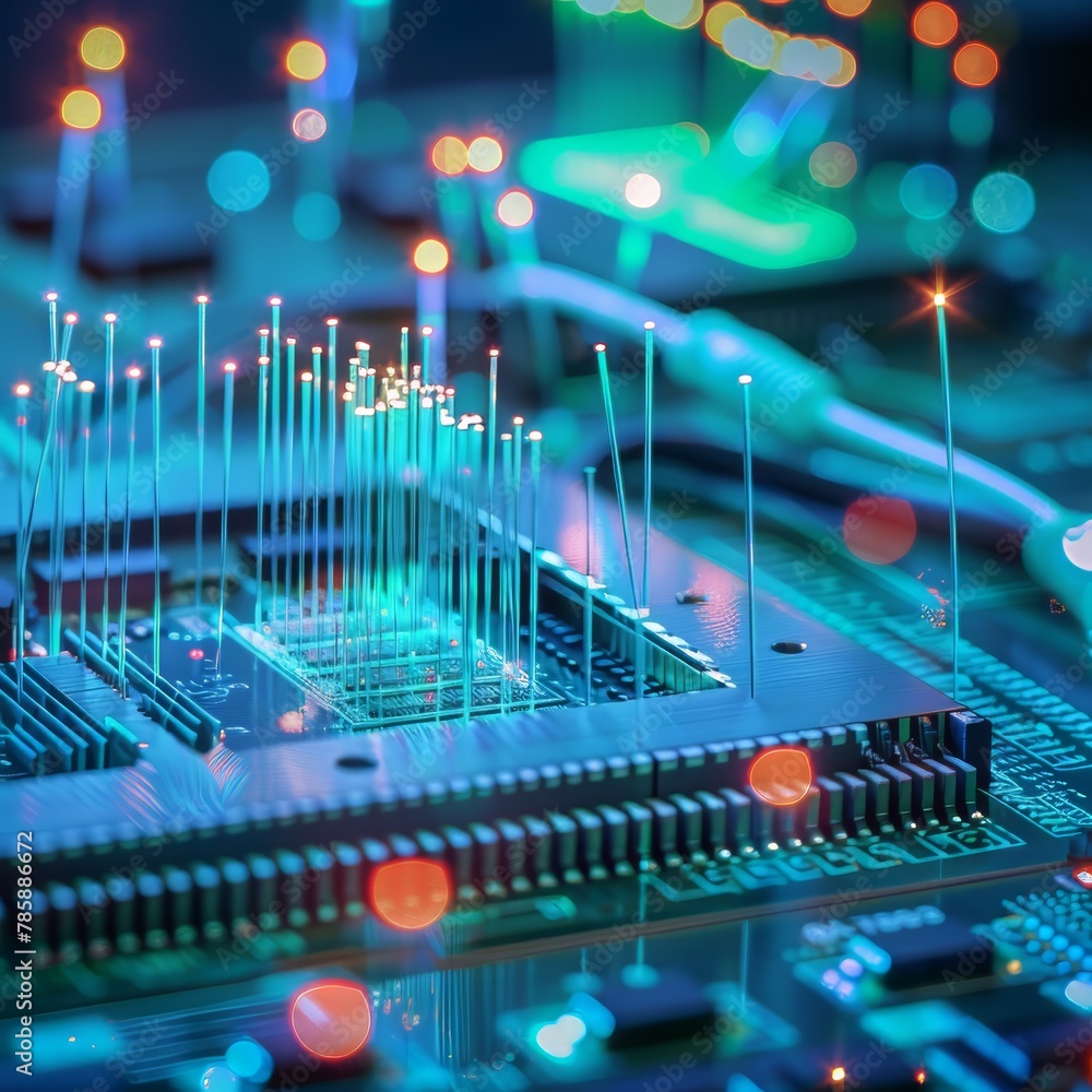 A close up circuit board with fiber optics
