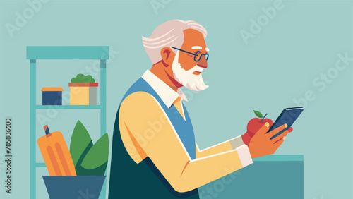 An elderly gentleman confidently using his smartphone to order groceries showing off his techsavviness to his grandchildren.