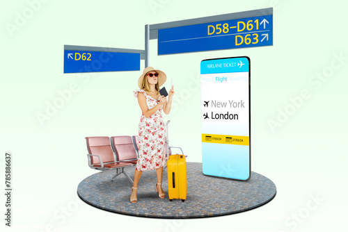 appy woman girl with suitcase and passport standing next to a huge smart phone