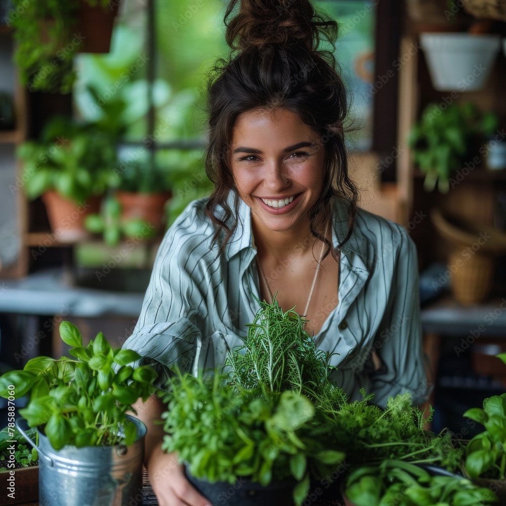 Smiling woman enjoys tending to fresh herbs in a cozy indoor garden setting Smiling woman enjoys tending to fresh herbs in a cozy indoor garden setting